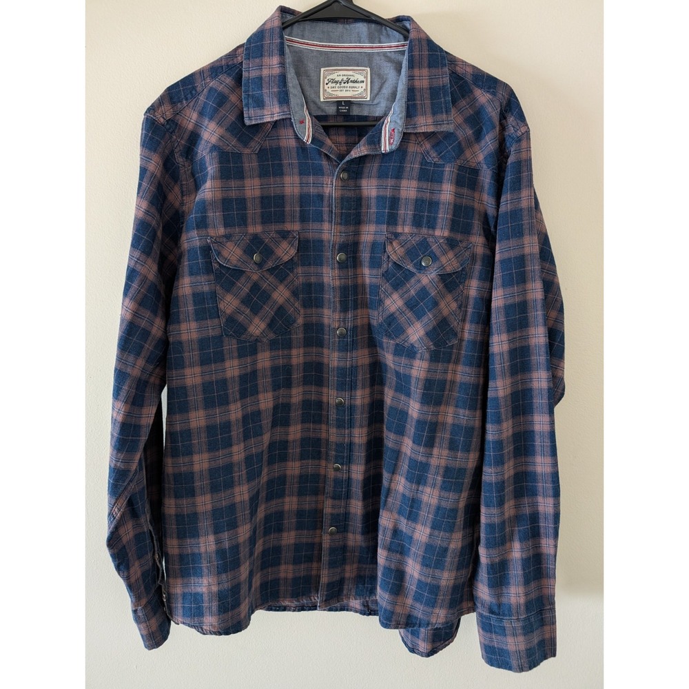 Flag & Anthem Western Shirt Men's Large Long Sleeve Red / Blue Plaid Brown Snaps